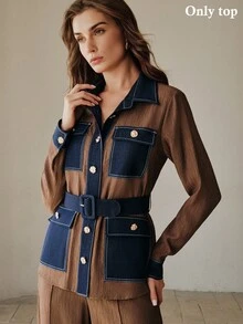 Anewsta 春夏现代复古撞色纹理面料工装衬衫，配有大口袋和腰带 - 棕色 - 查看 7