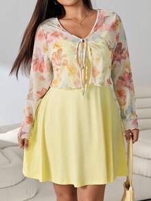 Solflare Conjunto de 2 piezas para mujer talla grande, vestido camisola de color liso y cárdigan con estampado floral, estilo casual, elegante, lindo y de hada, para uso diario y vacaciones, blanco y amarillo mantequilla, otoño - Multicolor - Ver 5