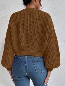Balvessa Women's Solid Color Drop Shoulder Long Sleeve Single-Breasted Knit Cardigan - Brown - View 2