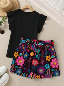 SHEIN LUNE Conjunto de 2 piezas de blusa de manga con volantes de unicolor y shorts estampados de talla grande, adecuado para usar en fiestas, conjunto de 2 piezas de talla grande conjunto de 2 piezas de talla grande - Multicolor - Ver 2