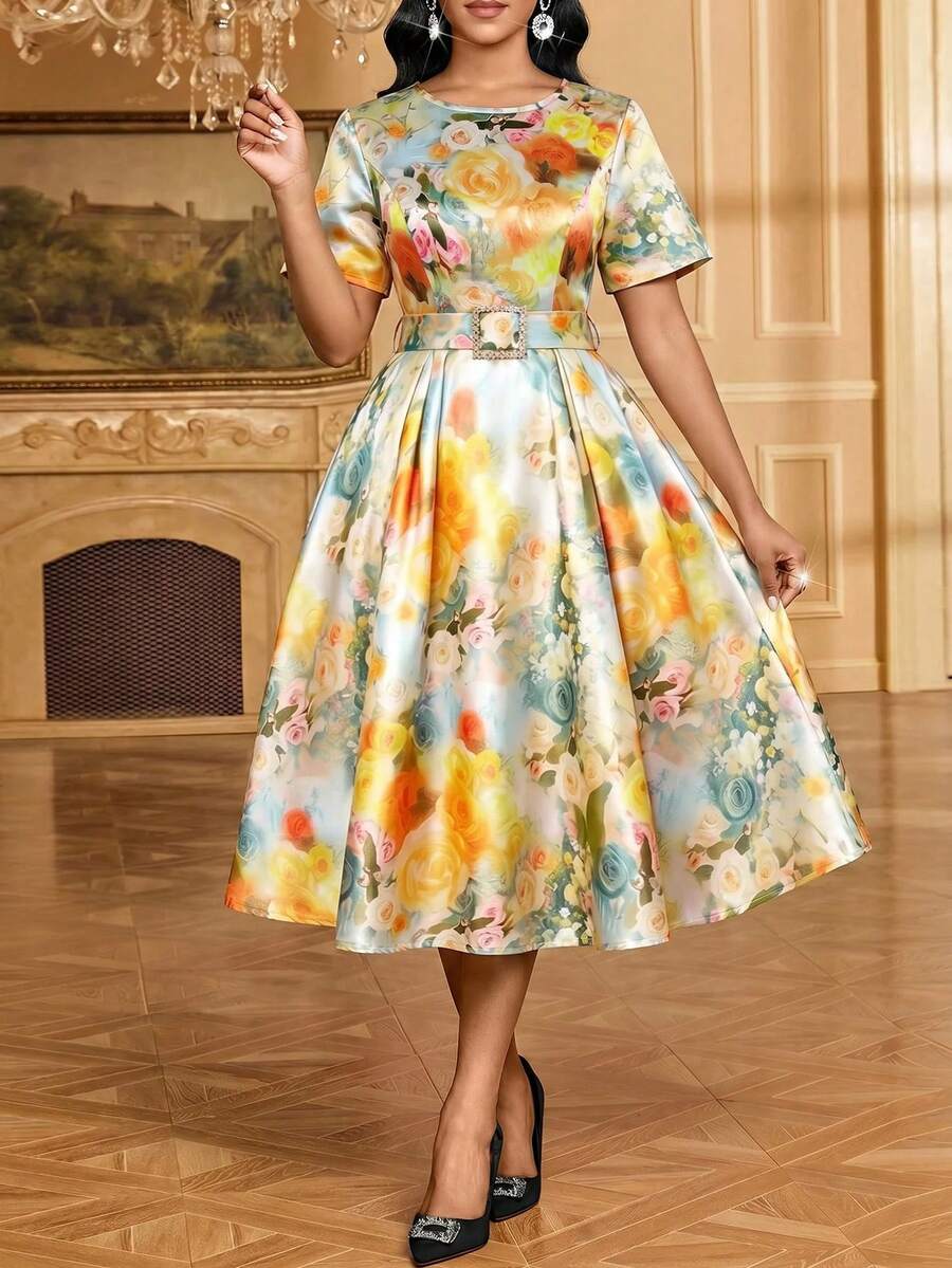 SHEIN Lady 女款度假風花卉印花水鑽扣短袖洋裝 - 彩色 - 查看 1