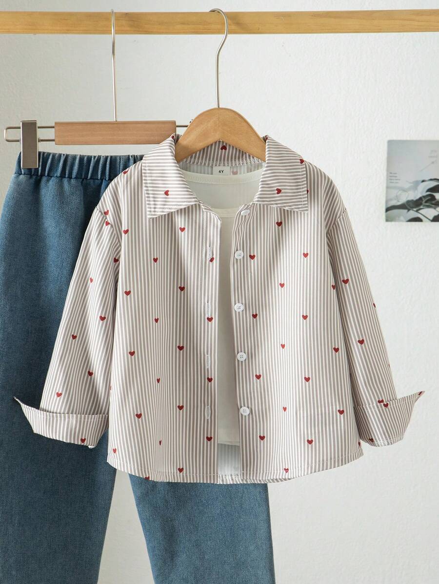 SHEIN Genkimix Kids 女童棕色條紋印花翻領長袖寬鬆休閒襯衫,愛心印花圖案,春/秋款 - 卡其色 - 查看 1