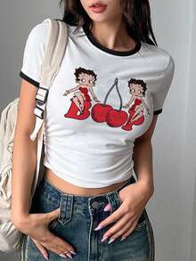 Betty Boop x SHEIN 女士休闲卡通图案修身短袖T恤，夏季 - 白色 - 查看 5