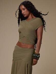 MUSERA Green Slinky Draped Cross Over Ruched Top - Olive Green - View 3
