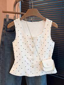 SHEIN 兒童青少年女孩背心與細肩帶上衣 夏季時尚 優雅成熟老錢風 波點珍珠鈕扣裝飾背心 - 白色 - 查看 1