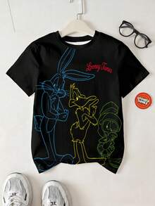 LOONEY TUNES X SHEIN 青少年男孩字母卡通印花短袖休閒T恤 - 白色 - 查看 1