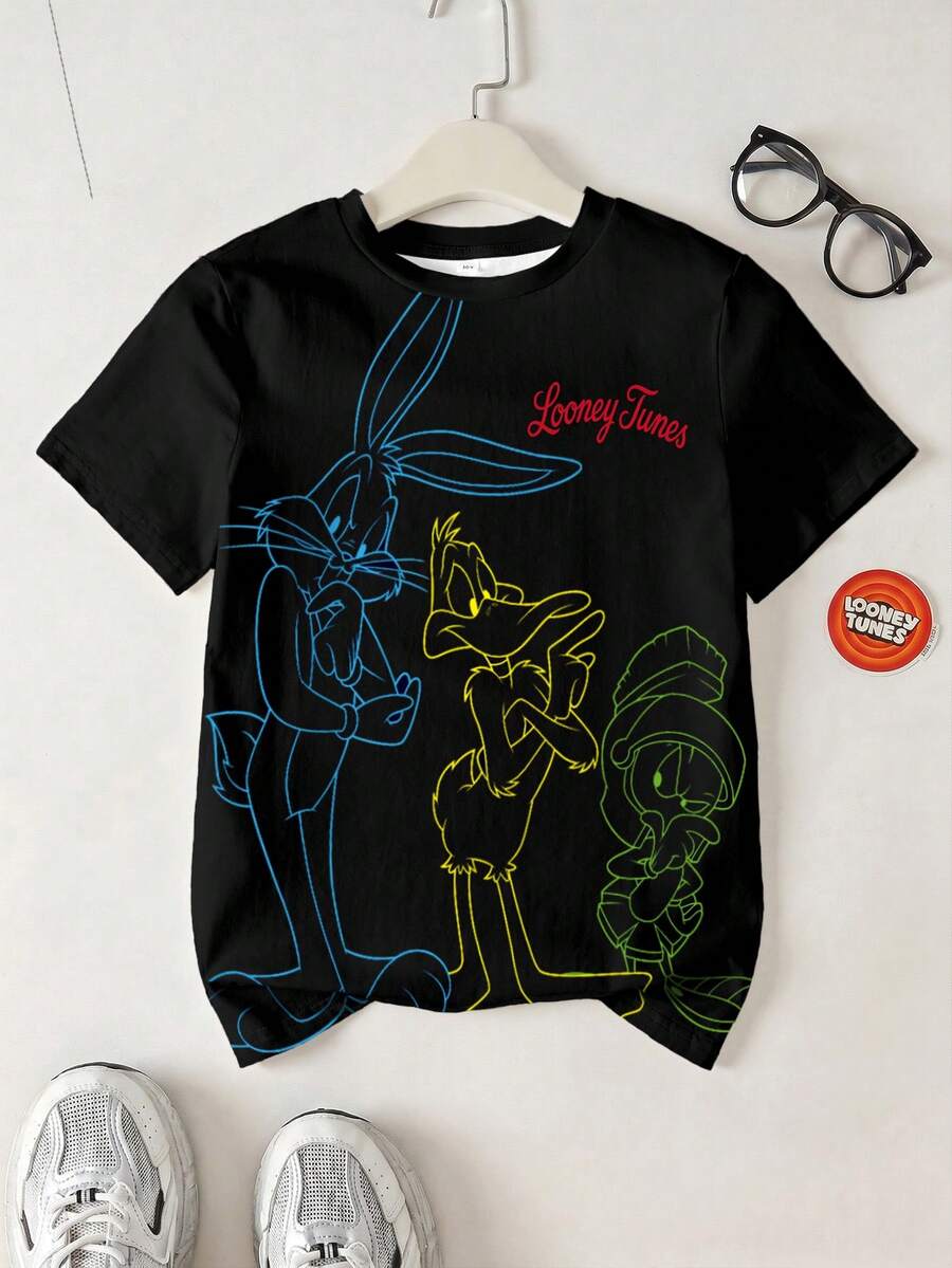 LOONEY TUNES X SHEIN 青少年男孩字母卡通印花短袖休閒T恤 - 白色 - 查看 1