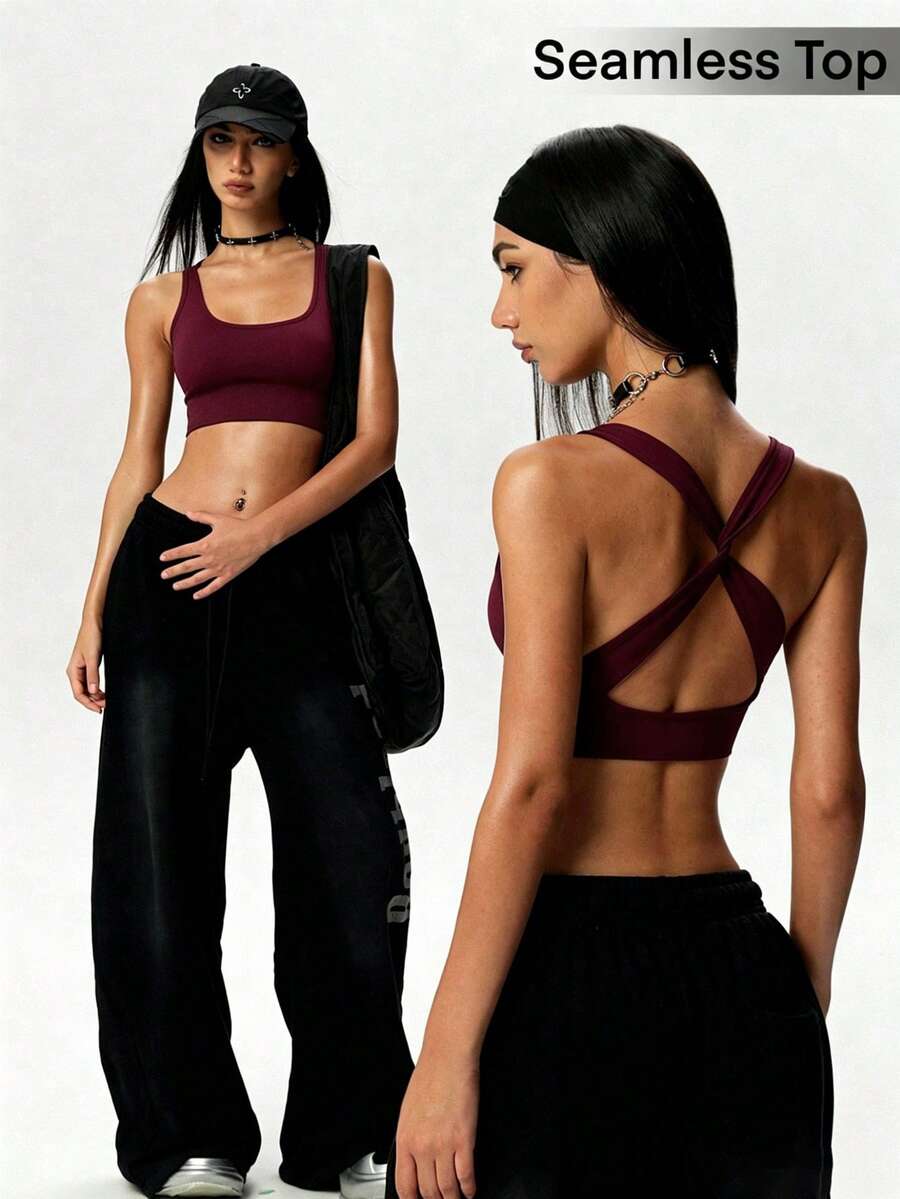 Dewbera Dewbera Tank Top Olahraga Wanita Warna Polos Tanpa Jahitan dengan Desain Potongan Silang di Bagian Belakang untuk Gym, Musim Panas, Atletik, dan Santai. - Burgundy - View 1