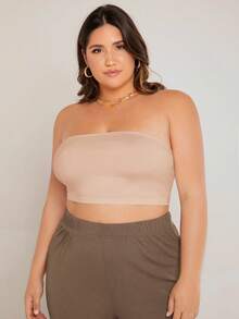 SHEIN BASICS 大尺碼短版抹胸上衣/夏季/露肩上衣 夏季女款穿搭上衣 - 杏色 - 查看 4