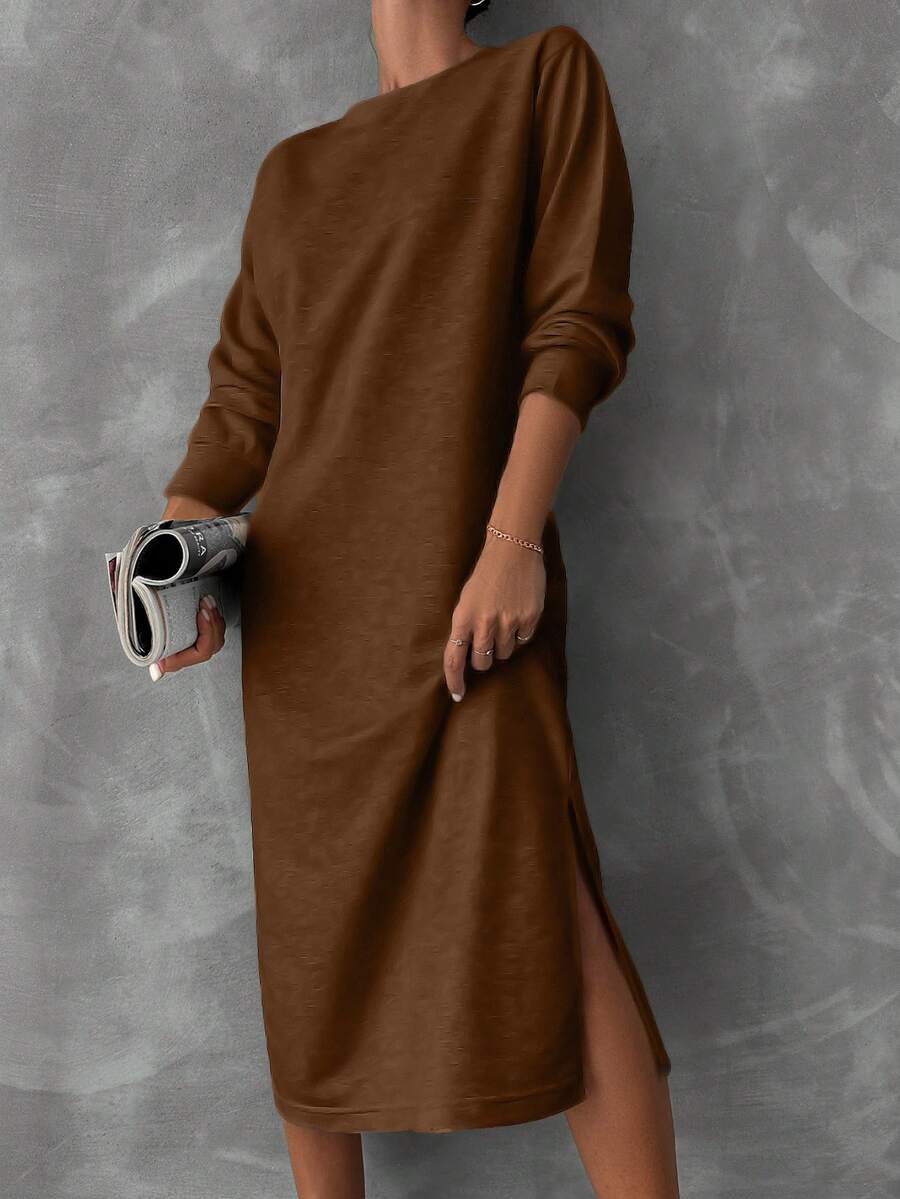 Cloudara Women's Solid Color Side Slit Sweatshirt Dress - Brown - View 1