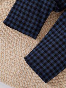 Baby Boy Solid Color Short Sleeve Pocket Top And Plaid Long Pants Loungewear - Blue - View 7