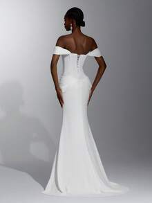 Elitara Elegant Luxurious Satin Off-Shoulder Ruched Bust Fan-Shaped Waist Pleats Flattering Belly Bodycon Mermaid Tail Long Skirt Style, Suitable For Wedding Ceremony, Celebration, Red Carpet Event, Luxury Reception And Evening Party, Outdoor Forest Beach, Multi-Occasion Bridal Gown, Wedding Dress, Wedding Guest Dress, Long Gown - White - View 4