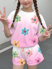 少女休閒可愛花卉印花粉色短袖長褲兩件套，適合夏季，舒適，2K，復古，度假 - 彩色 - 查看 3