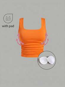 Flirla Solid Color Pleated Square Neck Casual Fitted Tank Top, Summer - Orange - View 3