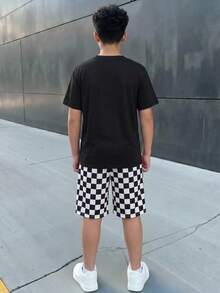 SHEIN 2pcs Kids Tween Boy Casual Q-Checkerboard Sporty Style Loose Knit Crew Neck T-Shirt And Knit Shorts Set, Suitable For Spring/Summer Home And Outdoor Wear - Black - View 3