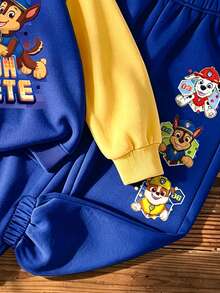 SHEIN | PAW Patrol GraphicGems 小男孩圓領拼色卡通圖案長袖衛衣與運動長褲休閒日常套裝 - 寶藍色 - 查看 4
