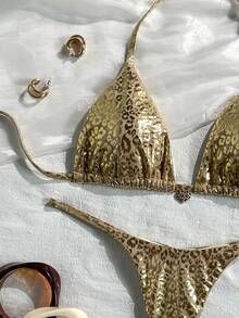 Bonvoyette Swim SXY 2件組 春夏海灘度假 金箔豹紋動物印花 紋理面料 金色愛心豹紋掛脖三角比基尼上衣與丁字褲 性感比基尼泳衣套裝 女款 - 彩色 - 查看 8