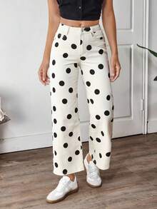SHEIN PETITE 女款圓點印花直筒牛仔長褲 - 白色 - 查看 7