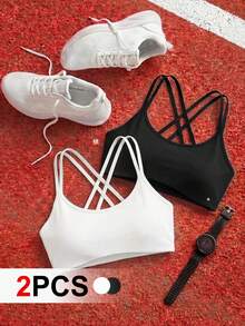 Cheerettes 女款純色交叉背帶日常健身運動內衣 - 黑與白 - 查看 2