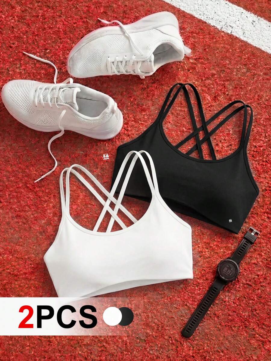 Cheerettes Women's Solid Color Criss-Cross Back Daily Fitness Sports Bra - Black and White - View 1