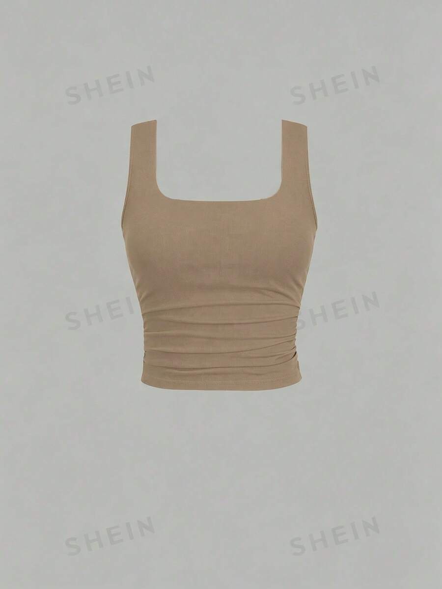 Sweetra Solid Color Square Neck Sleeveless Casual Slim Fit Tank Top - Khaki - View 1