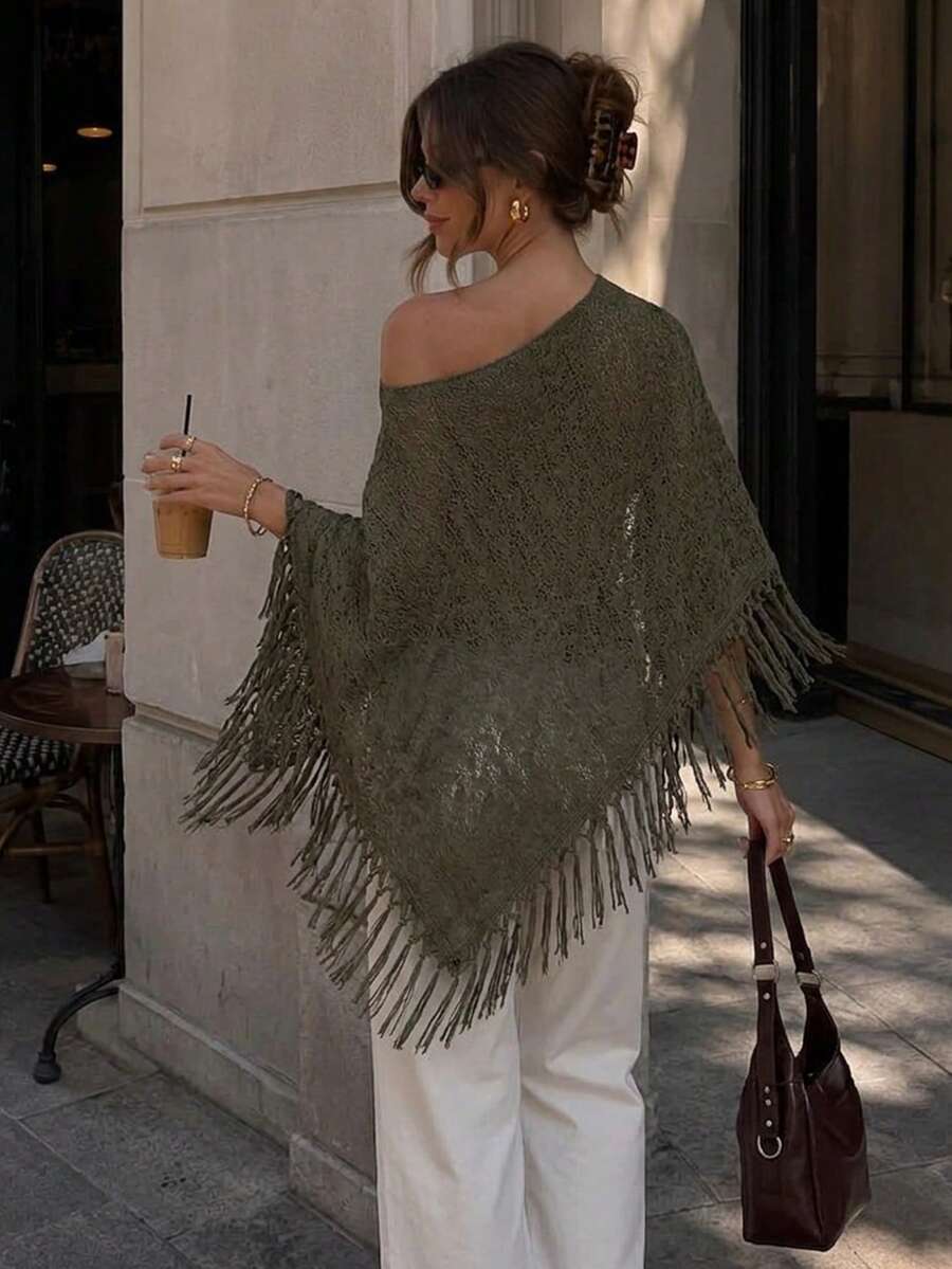 Firerie Women's Casual Tropical Solid Color Tassel Hem Top For Vacation Beach Vacation Olive Green Autumn