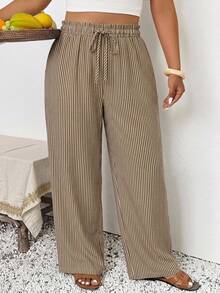SHEIN Frenchy Plus Size Striped Drawstring Waist Casual Versatile Daily Wear Long Pants Fall - Multicolor - View 4