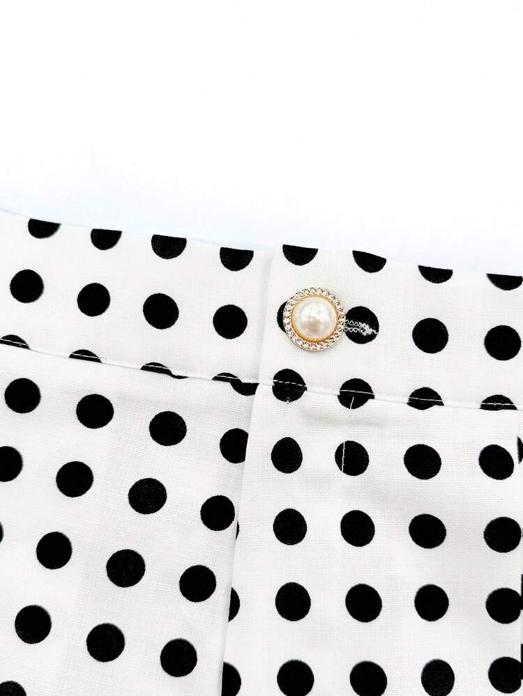 Fine & Folde New Women's Woven Polka Dot Fabric Pleated Design A-Line Front Zipper Back Elastic Waist Slimming Mid-Waist Shorts, Versatile Comfortable Elegant Daily Wear - Black and White - View 3