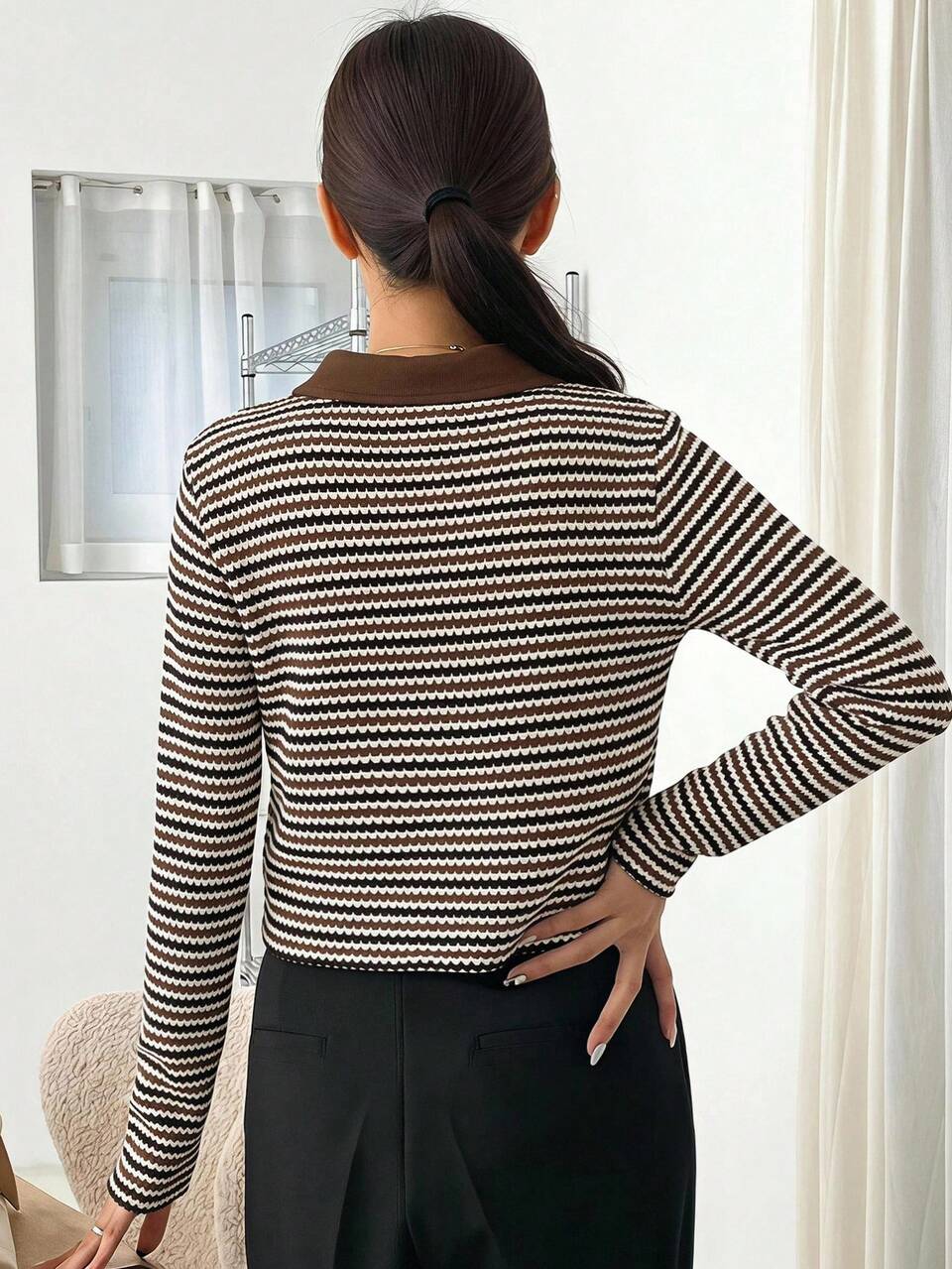 Women's Summer Autumn Collared Long Sleeve Button Contrast Color Ribbed Slim Fit Coffee Brown Ribbed Knit Cropped Casual T-Shirt