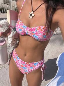 Swim Lushoire 女款時尚花卉印花兩件式比基尼沙灘套裝，適合春夏度假 - 彩色 - 查看 3