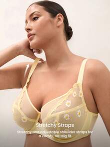 LUVLETTE Plus Daisy Embroidered Elegance Lingerie Lounge Curve Full Coverage Breathable Unlined Floral Lace Yellow Sheer Minimizer Mesh Intimates Bra - Yellow - View 4
