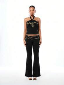 BABYPHAT Tie Neck Halter Crop Top With Gold Logo Print, Sleeveless Jersey Bandeau Style - Black - View 3