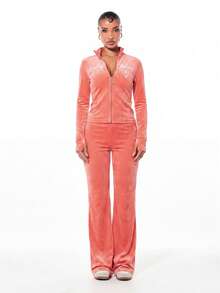 BABYPHAT Velour Long Sleeve High Neck Zip-Up Crop Jacket With Script Logo Detail - Coral Pink - View 3