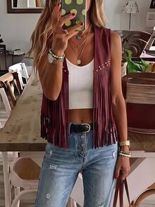 Brillora Fringe Trim Open Front Vest Summer Jacket In Fall/Winter - Burgundy - View 14