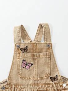SHEIN Elladie kids Denimly 青少年女孩休閒日常都市街頭淺色水洗可愛蝴蝶刺繡牛仔吊帶短褲，破洞磨損下擺與毛邊設計 - 卡其色 - 查看 5