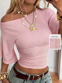 SHEIN EZwear Lotus Root Pink Knit Slim Fit Asymmetrical Shoulder T-Shirt For Women,Summer Top - Dusty Pink - View 3