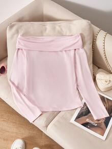 SHEIN Sparklyn ملابس علوية خريفية للفتيات المراهقات بلون موحد، بدون أكتاف، أكمام طويلة، مرنة، ياقة دائرية، جرس، مجعدة، محبوكة - وردي - مشاهدة 7