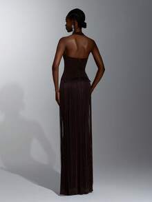 Elitara Elegant Black Stretch Fabric V-Neck Tassel Decor Bustier Mermaid Skirt Party Evening Gala Dinner Vow Dress Wedding Guest Bachelorette Formal Winter - Coffee Brown - View 2