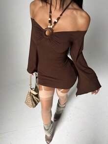 EgrlEra Vintage Sexy Coffee Brown Beaded Waist-Cinching Off-Shoulder Halter Neck Dress, Niche Hot Girl Style, Asymmetrical Long Sleeve Party Club Autumn - Brown - View 2