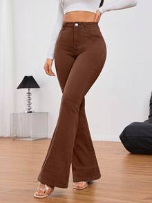 SHEIN Tall 女款口袋喇叭休閒百搭牛仔褲，適合高個女性 - 咖啡棕 - 查看 6