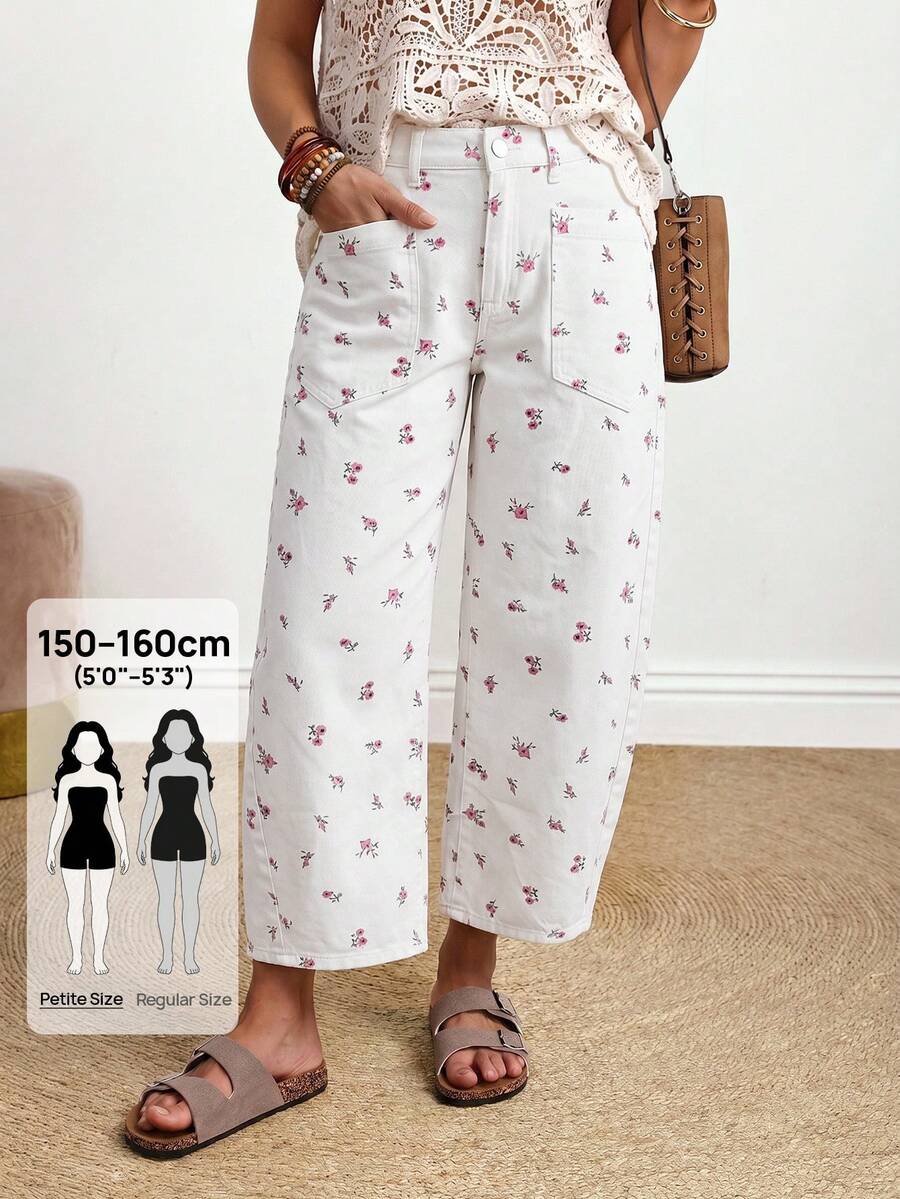 SHEIN PETITE 女款休閒波西米亞風日常度假小碎花貼袋直筒牛仔褲 粉色與白色 夏季 小碼女款 - 白色 - 查看 1