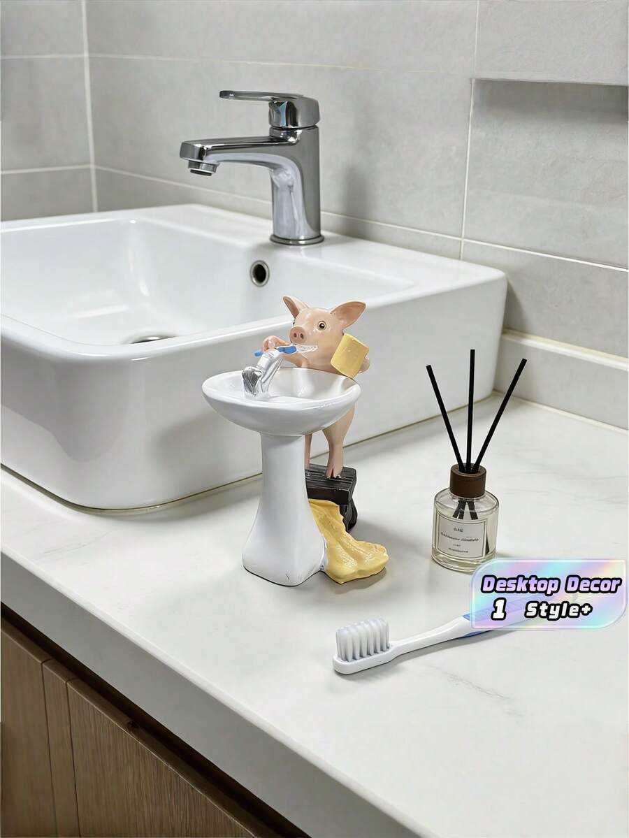1PC Resin Adorable Pig Holding Toothbrush Creative Figurine Ornament Compact Sturdy Desktop Decoration For Desk Sideboard Display Cabinet Home Office Micro Landscape Calming Birthday Present For Collectors Home Decor Enthusiasts - multicolor - View 1
