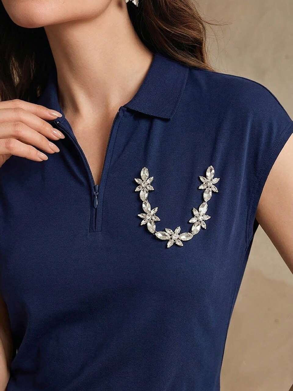 Anewsta Spring/Summer Elegant Smart Casual Brunch Office Holiday Vacation Knit Lapel Rhinestone Pocket Short Sleeve Women's T-Shirt Navy Blue