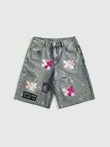 ROMWE Grunge Punk Celana Pendek Denim Wanita Gaya Vintage Punk dengan Bordir Salib dan Rhinestone, Lebar 7 Inci - Biru - View 1