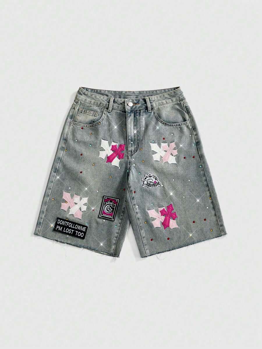 ROMWE Grunge Punk Celana Pendek Denim Wanita Gaya Vintage Punk dengan Bordir Salib dan Rhinestone, Lebar 7 Inci - Biru - View 1