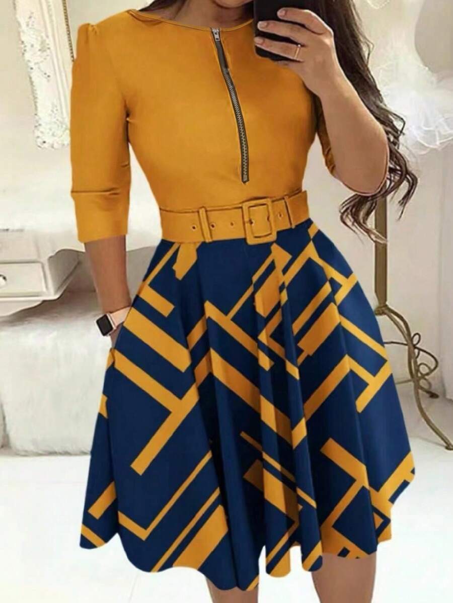 Lunelith SHEIN Lunessa Kleid mit Patchwork Geometrischem Muster, Reißverschluss Teilung vorne und Taillenzugband - Gelb - Übersicht 1