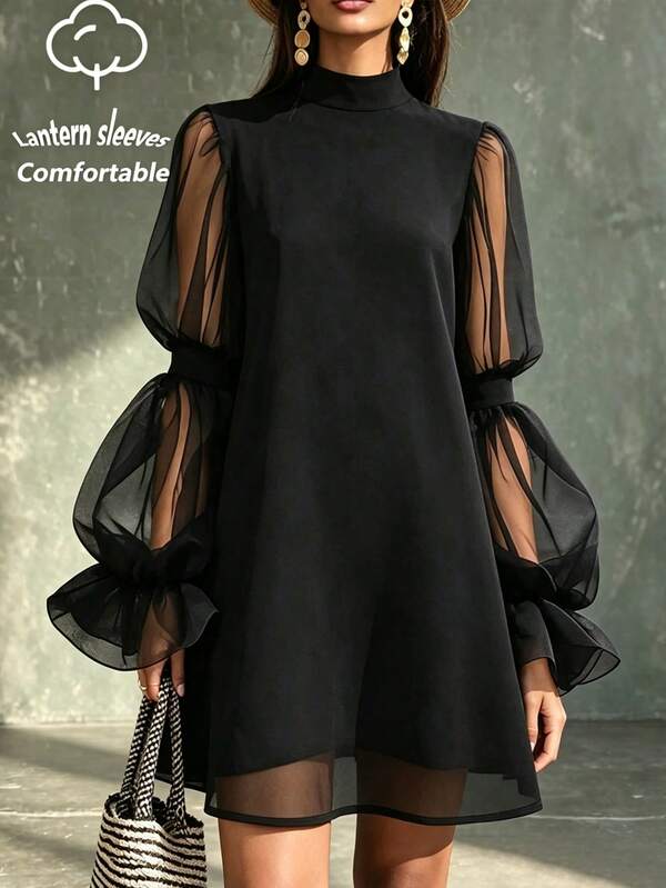 SHEIN Fiorisel 新款夏季黑色泡泡袖中長洋裝女款