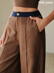 Anewsta Pantalones rectos con textura y bloqueo de color en la cintura, estilo vintage, para primavera/verano - Marrón - Ver 4