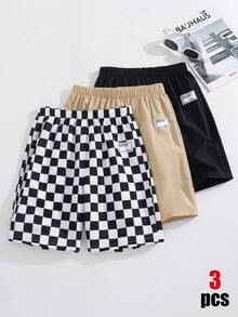 SHEIN 3件組兒童青少年男孩買1送2套裝，休閒學院風舒適棋盤格印花寬鬆梭織短褲與運動長褲，適合春夏、外出、情人節、約會、旅行、度假、家庭聚會、返校、婚禮季、晚餐派對、運動、生日派對 - 彩色 - 查看 5
