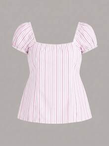 CovetEZ Summer Outfits Square Neck Petal Sleeve Tie Front Tee In Pink Striped Print,Summer Top - Multicolor - View 2